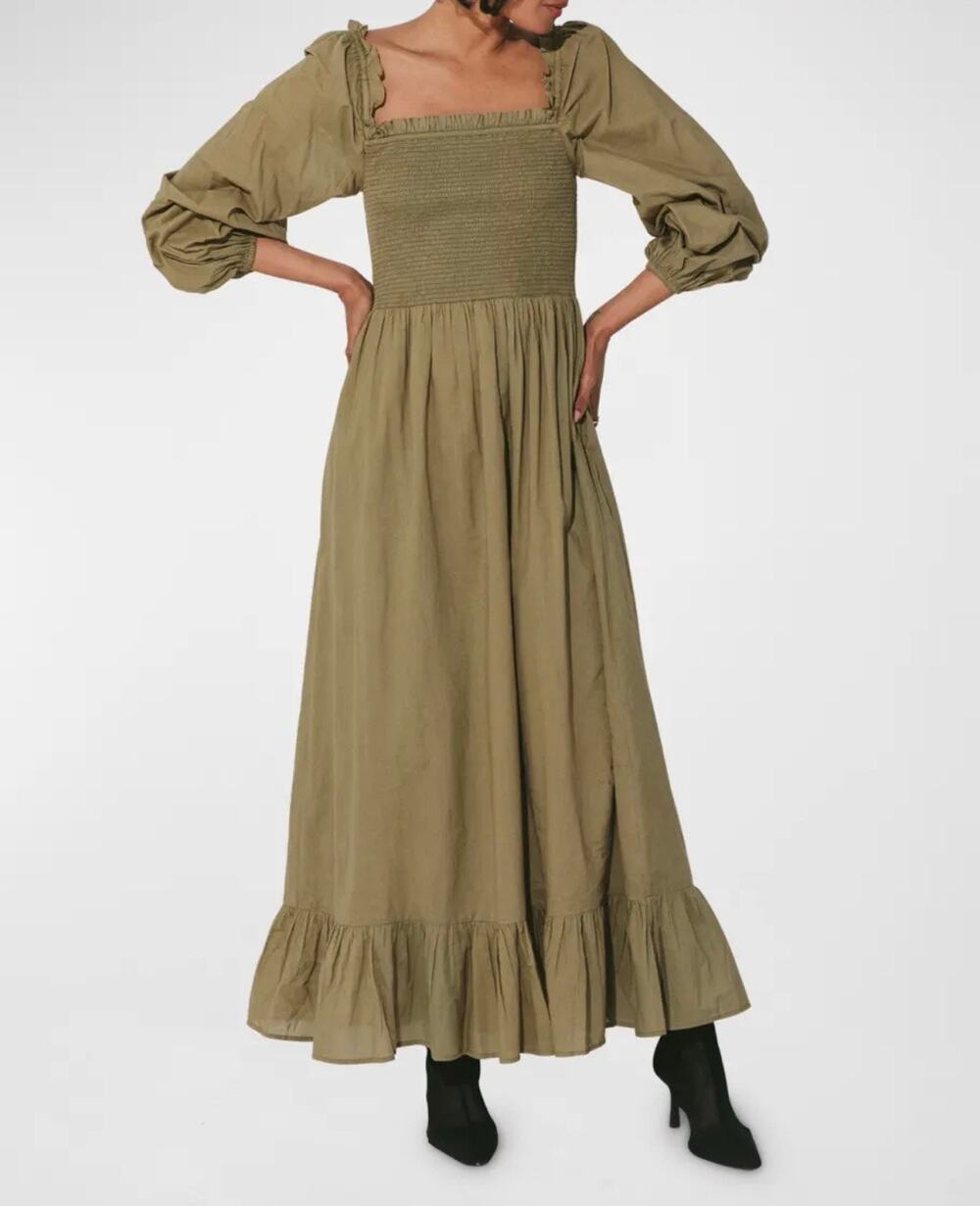 New Cleobella Lennox Olive Green Smocked Maxi Dress Puff Sleeve Small NWT Boho